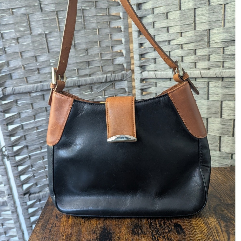 M. London Shoulder Bag Black Tan Leather Two Tone Adjustable Strap Timeless